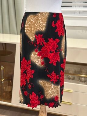 Vintage Black Floral Midi Skirt with Red Roses